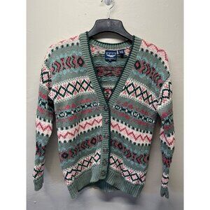 VTG Knit Cardigan Sweater Womens Small Fair Isle Nordic Cottagecore Green Pink